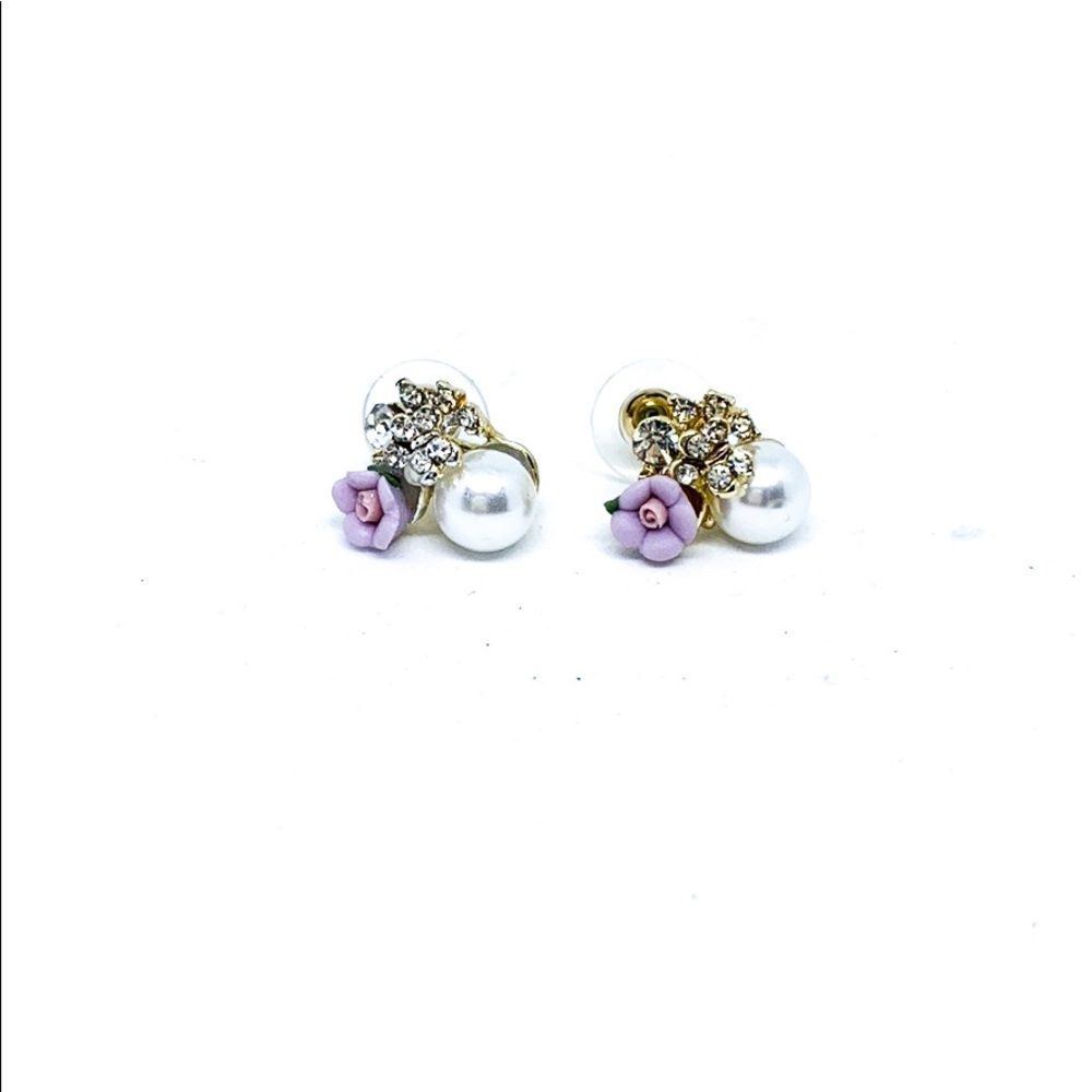 Lavender Floral Faux Pear Gold Rhinestone Earrings